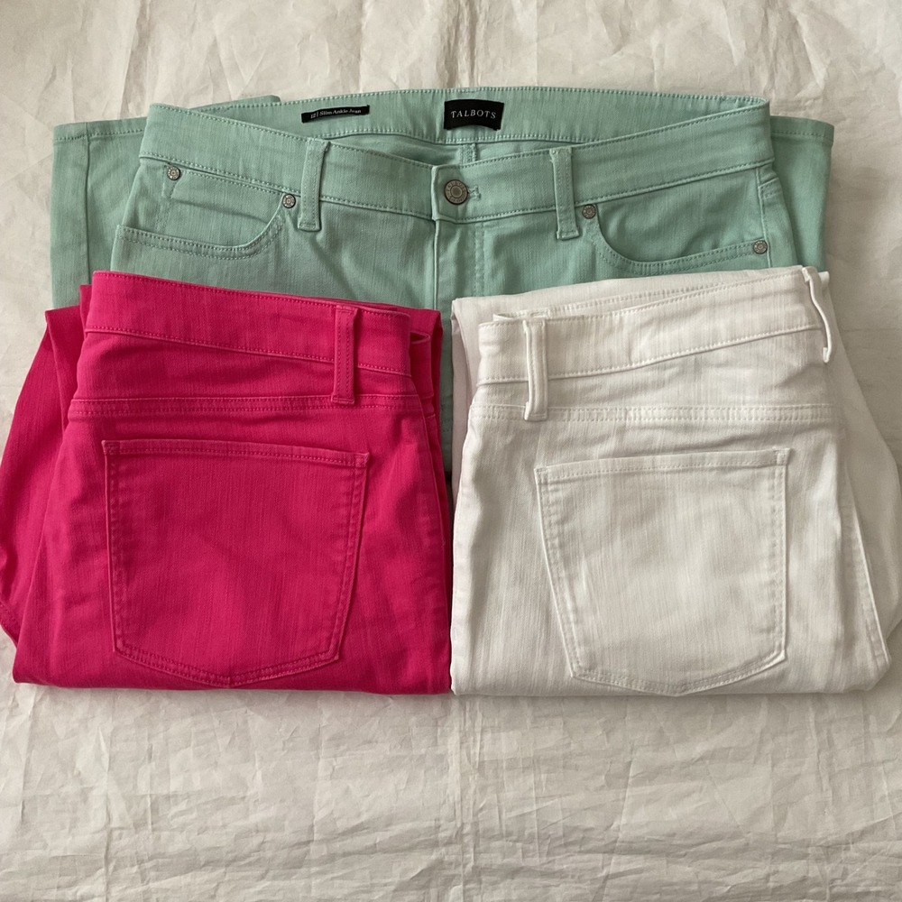 Talbots Slim Ankle Jeans Lot of 3 Womens 12 Pink Mint Green White Stretch Denim